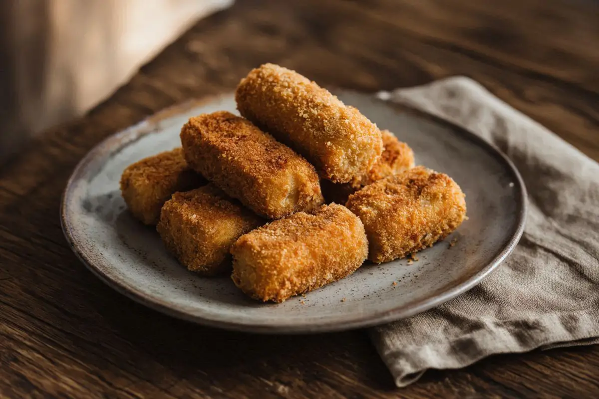Golden-brown breaded mushroom and rice rolls arranged in a pyramid on a rustic ceramic plate, with a crispy crumb coating.