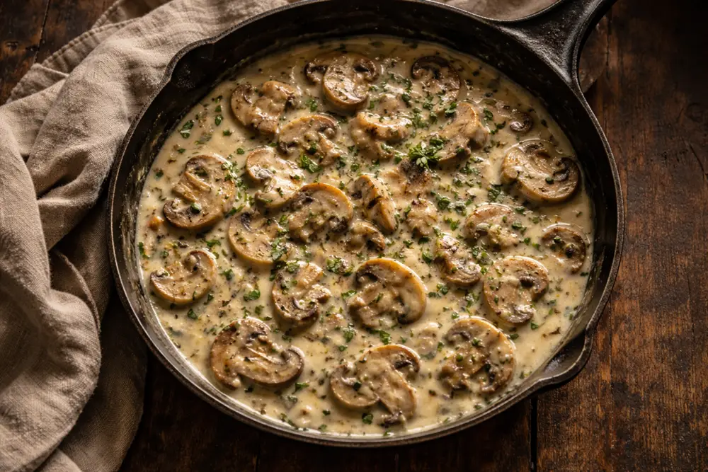 Pan of sliced mushrooms in a creamy sour cream sauce, garnished with fresh parsley