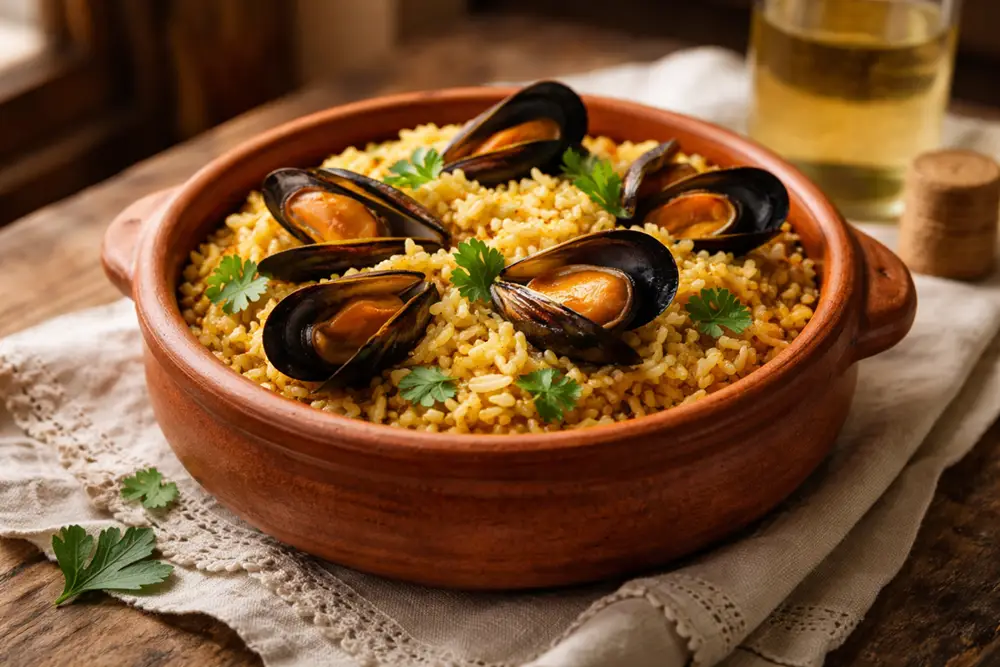 Mussel pilaf served in a clay pot, saffron-golden rice layered around open mussel shells, photographed from above on a linen cloth