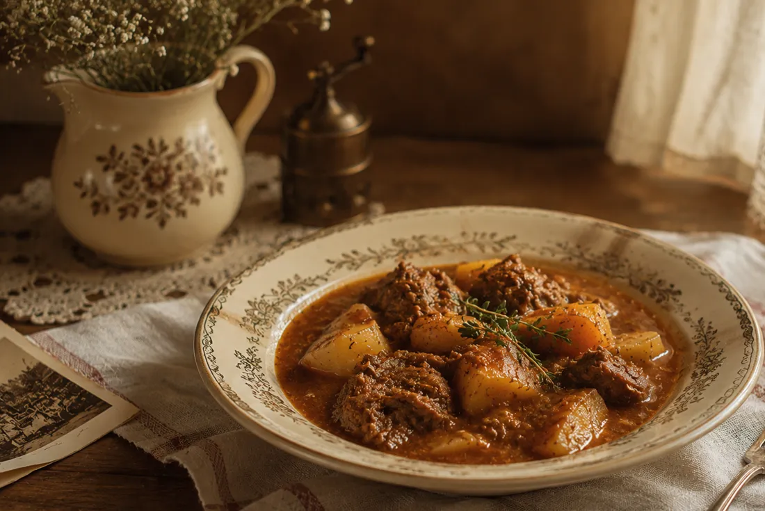 One-pot mutton and potato stew in a plate
