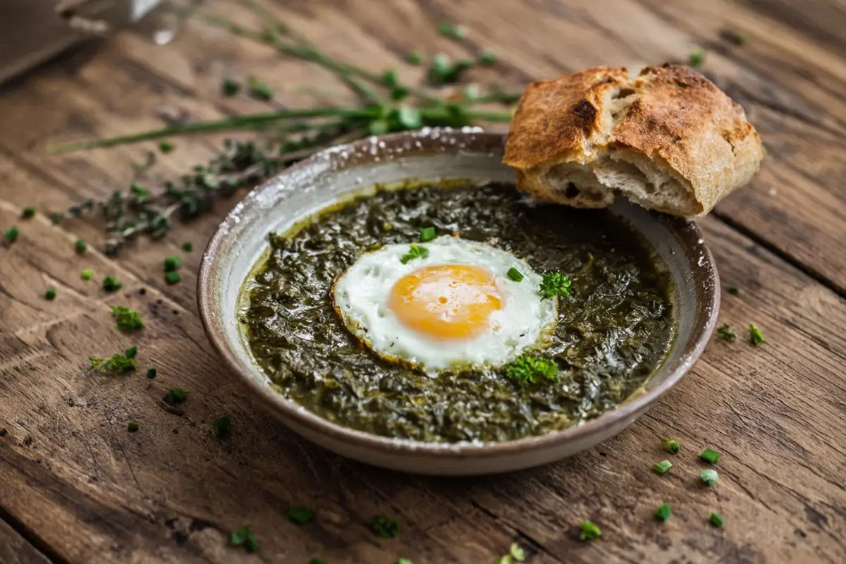 A bowl of thick green nettle stew topped with a fried egg, served with rustic bread