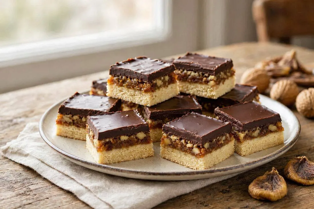 Layered date, fig, and almond bars with dark chocolate icing, cut into squares