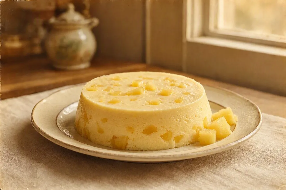 Unmolded pineapple cream dessert on a plate, garnished with pineapple pieces