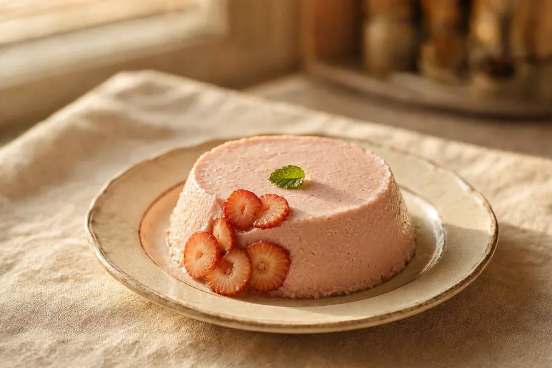 Unmolded strawberry cream dessert on a plate, garnished with fresh strawberries