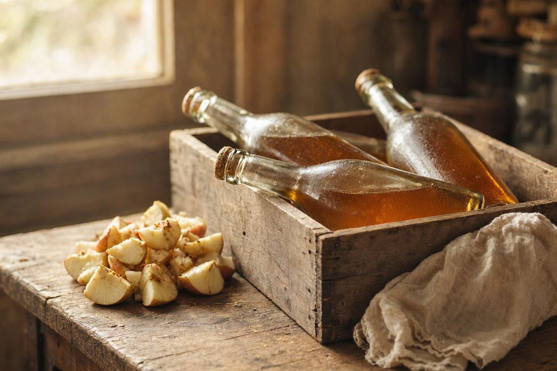 Corked bottles of homemade amber apple "champagne" resting on their sides, with chopped apples and a linen straining cloth nearby