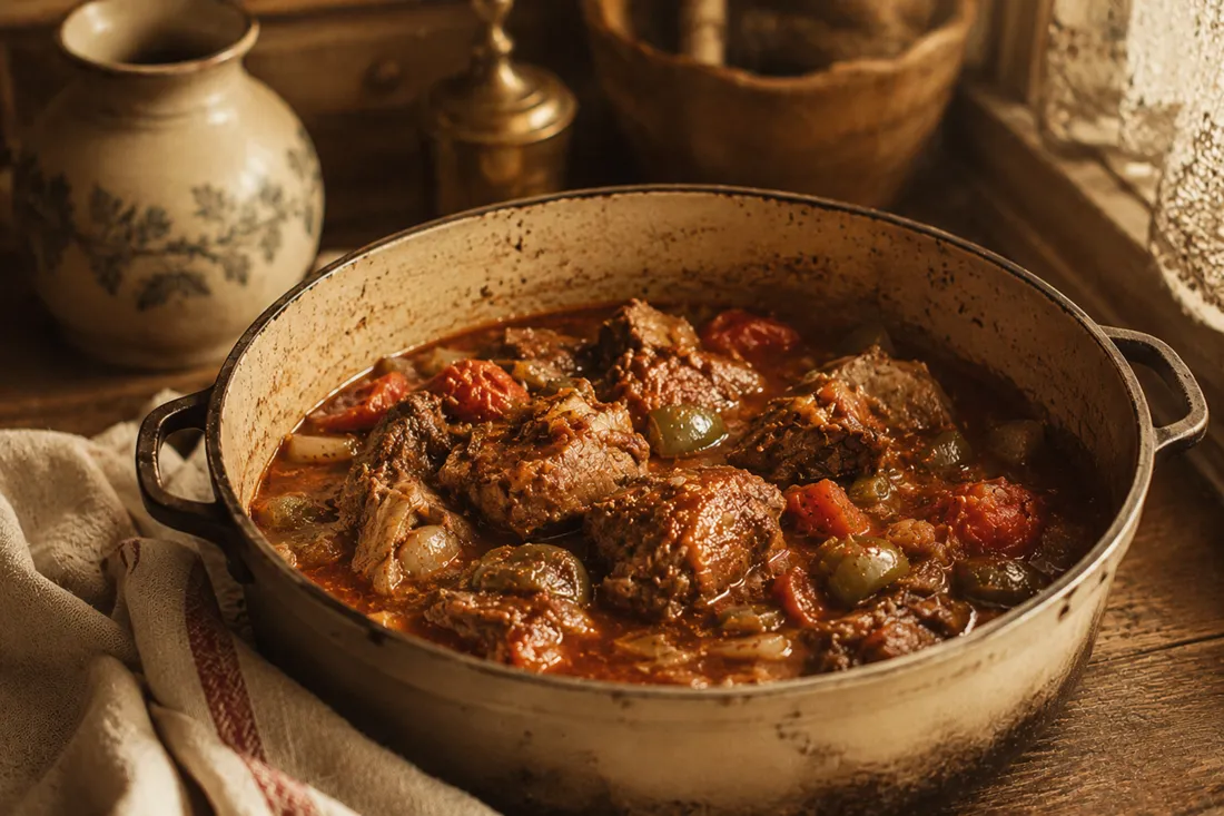 One-pot lamb stew with tomatoes and green peppers simmering in a pot