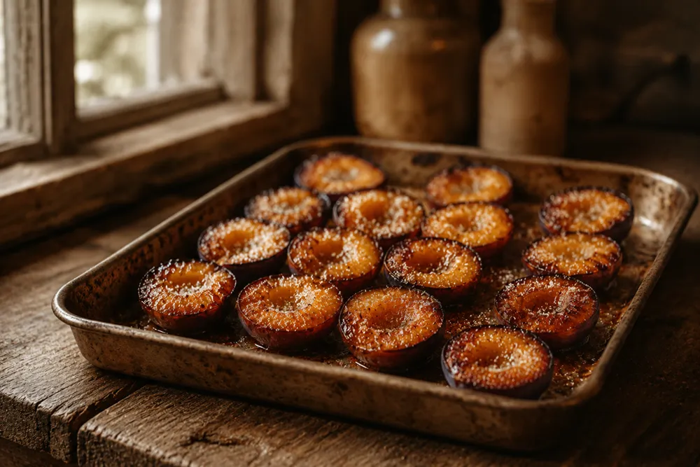 Halved plums baked in a buttered tray, caramelized at the edges, dusted with sugar