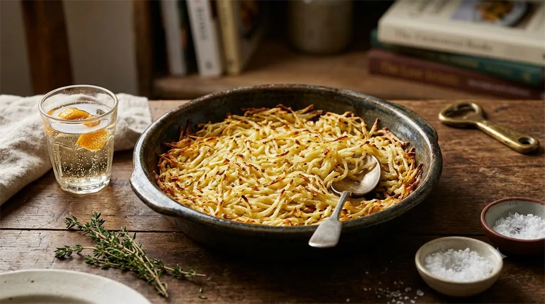 Golden baked shredded potatoes in a shallow baking dish