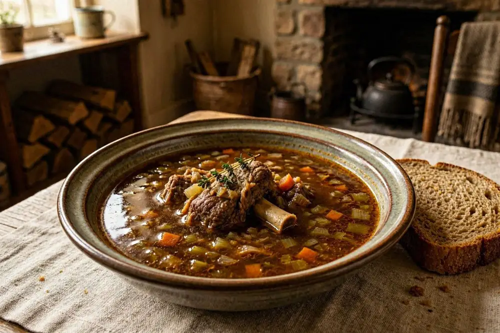 A deep bowl of dark oxtail soup with tender meat and finely chopped vegetables, steam rising, on a linen-covered wooden table