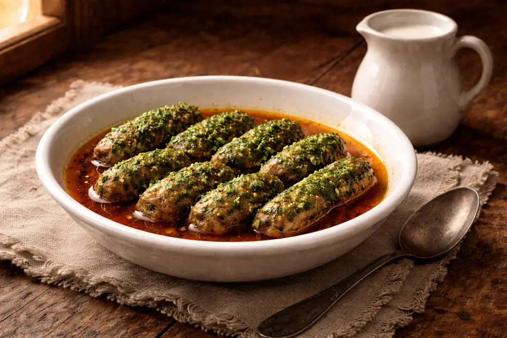 Parsley-coated lamb rolls in a shallow bowl with paprika broth and a jug of sour milk on the side