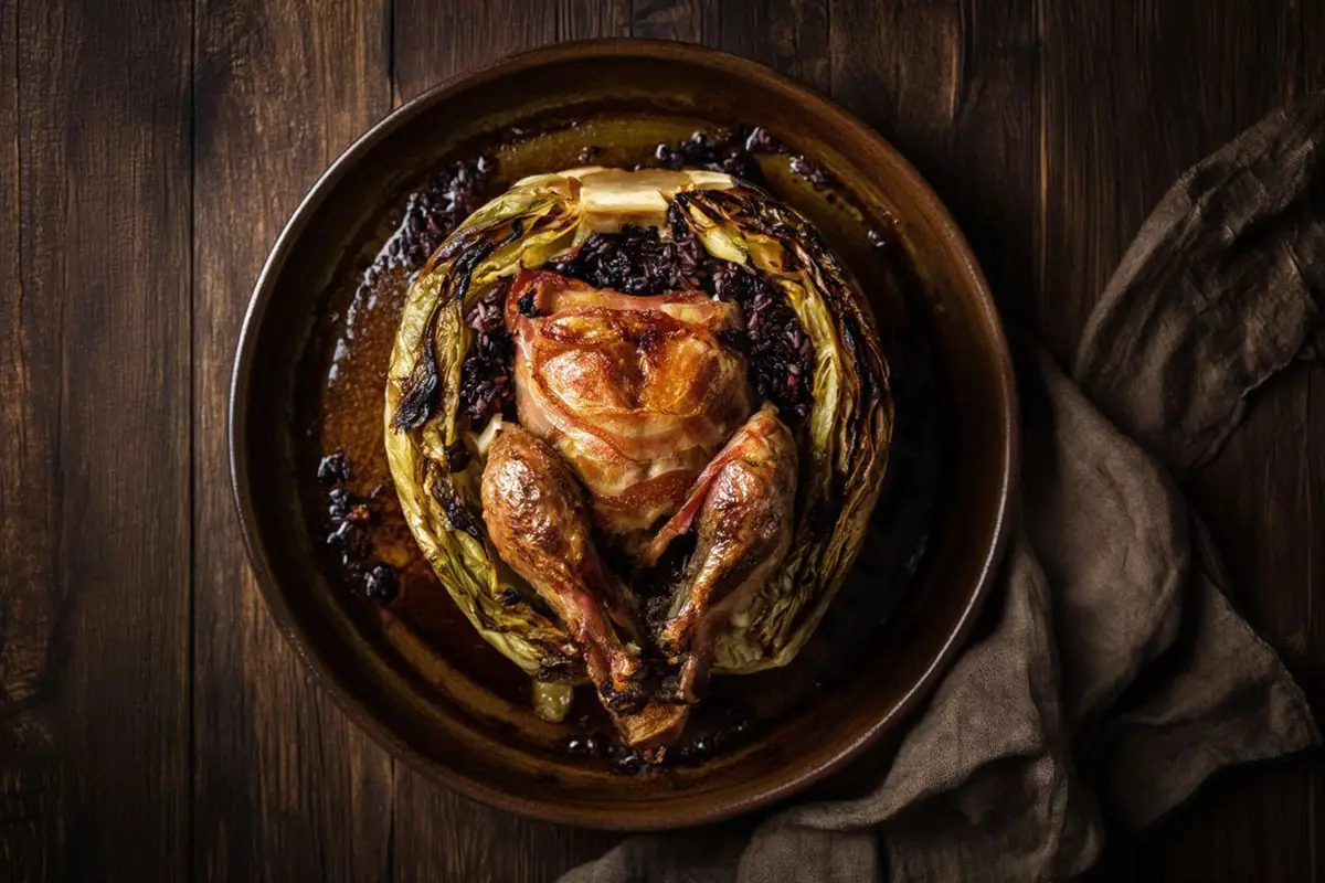 Roasted partridge in cabbage served on a rustic ceramic dish, quartered to show the black rice stuffing inside