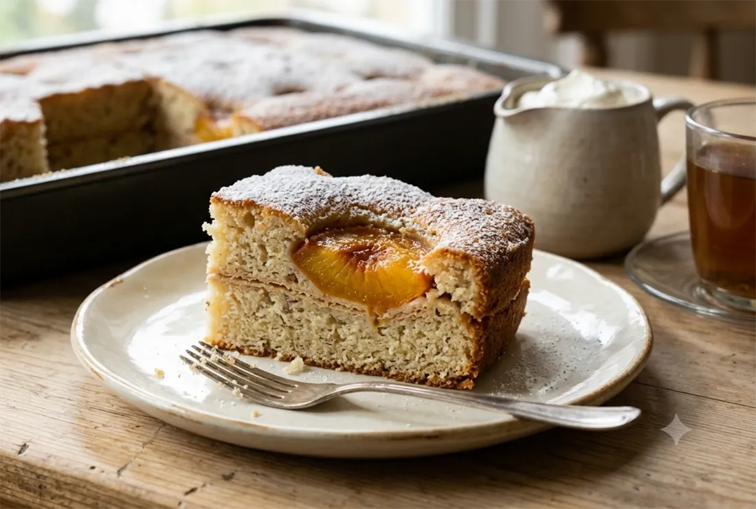 Sliced peach almond sponge cake showing the wafer layer and baked peach halves inside