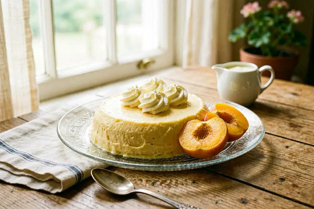 Unmoulded peach cream dessert on a glass plate, decorated with whipped cream and fresh peach halves