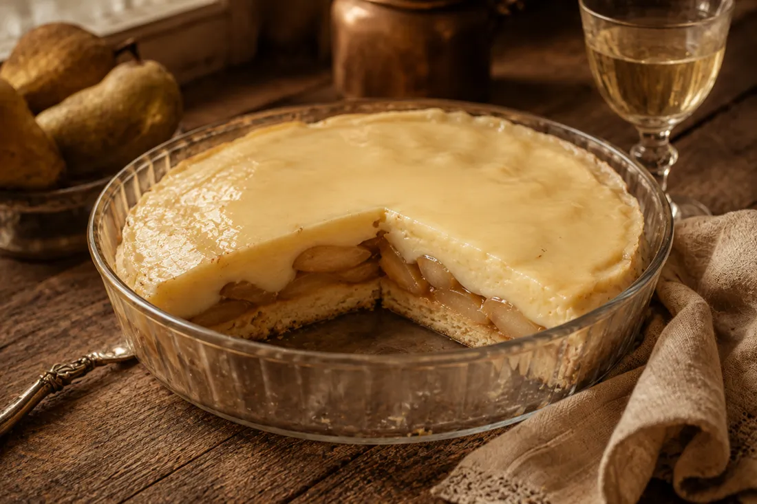 Layered torte with poached pears under a glossy wine custard, on a deep glass serving dish