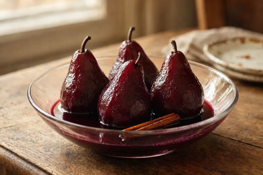 Whole pears poached in red wine syrup with a cinnamon stick, chilled in a glass bowl