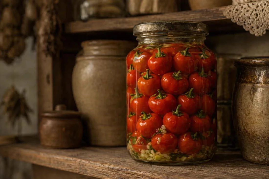 Jar of pickled baby peppers layered with garlic, parsley, and celery root