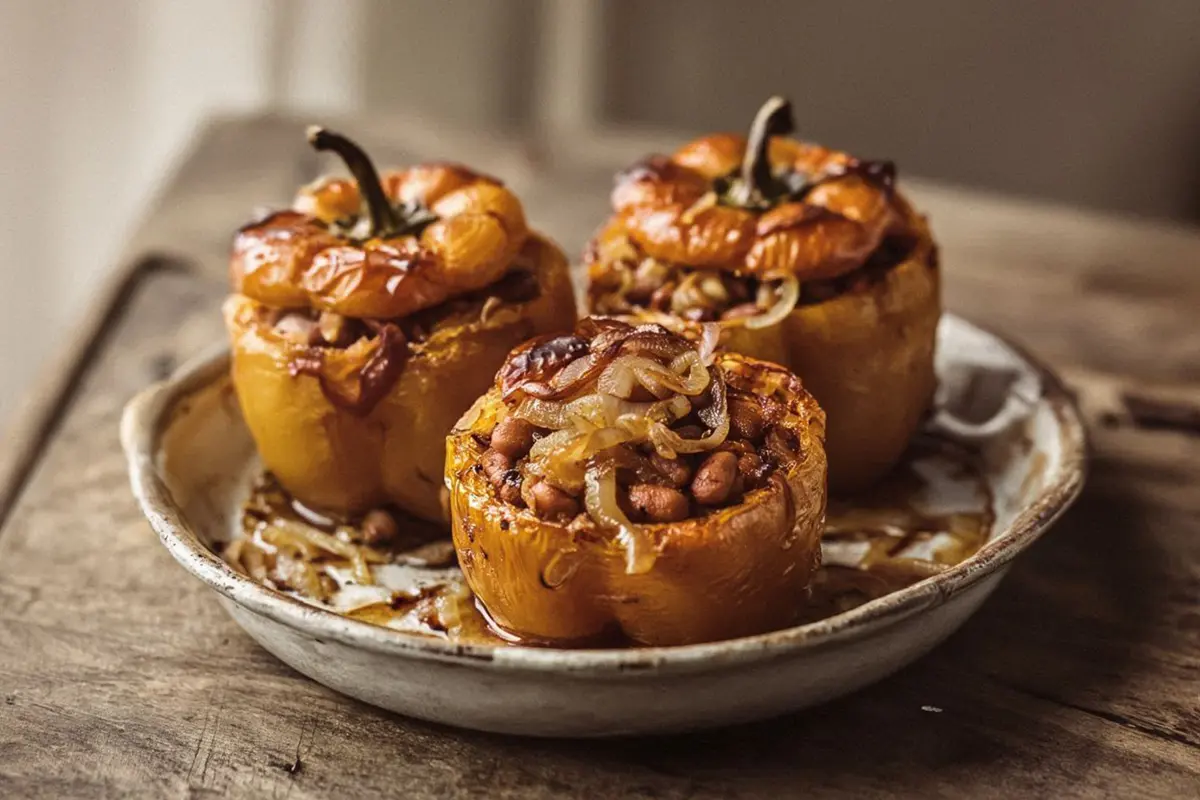 Golden-brown roasted bell peppers stuffed with creamy beans in a vintage ceramic casserole dish
