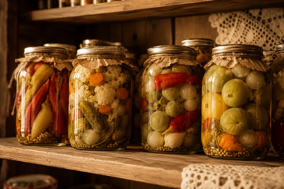 Jars of colorful mixed pickled vegetables with hot peppers and pearl onions