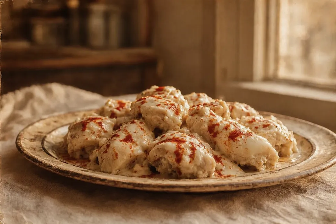 Poached chicken pieces on a platter covered in a thick buttermilk-egg sauce with a paprika butter drizzle on top