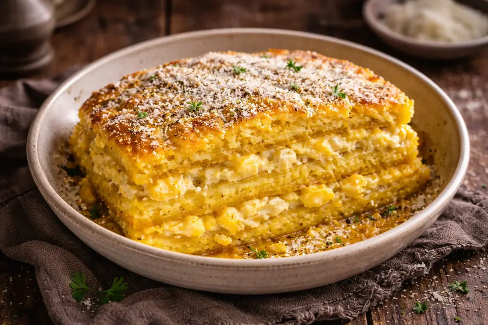 Cross-section of layered polenta showing golden cornmeal layers with visible melted cheese and soft scrambled egg, served in a rustic ceramic bowl