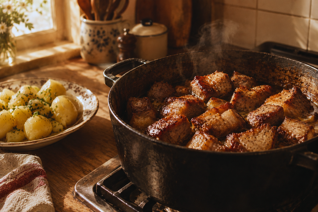 Golden browned pork cubes on a plate, served with potatoes