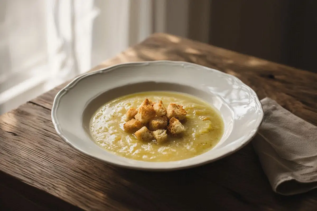 A wide cream-colored bowl of silky pale yellow potato leek soup finished with golden croutons on a dark oak table with a linen napkin.
