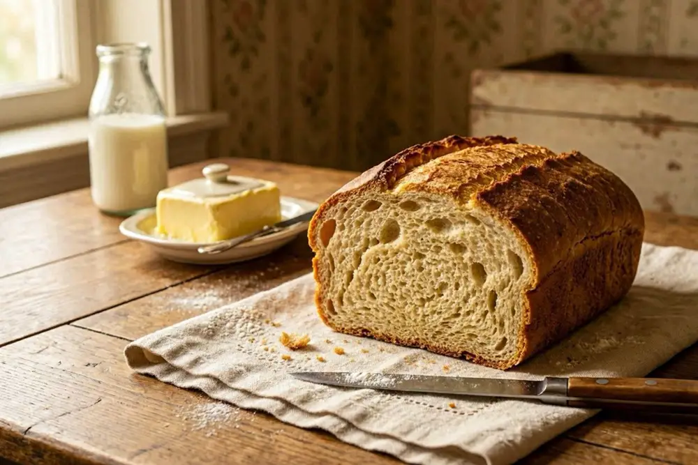 A rustic loaf of potato bread with a golden crust, sliced to reveal a soft, tender crumb