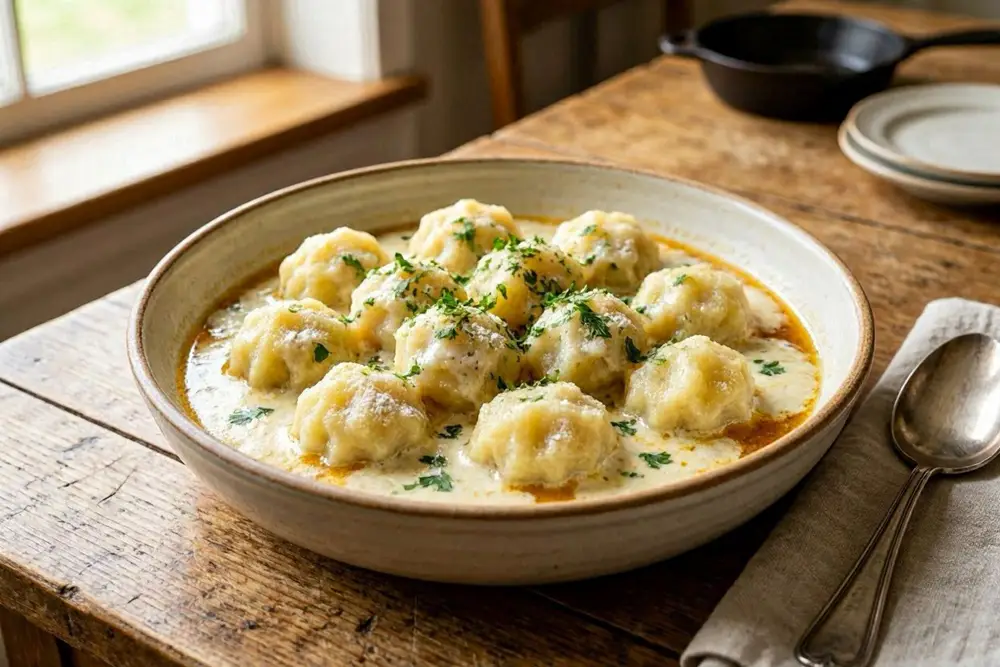 Soft potato dumplings filled with ground pork arranged in a round ceramic dish, coated in a pale sour cream and pan juice sauce, garnished with chopped parsley, on a wooden table in a warm kitchen