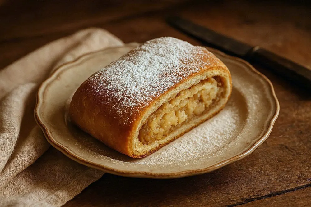 Sliced potato strudel dusted with vanilla sugar on a vintage ceramic plate