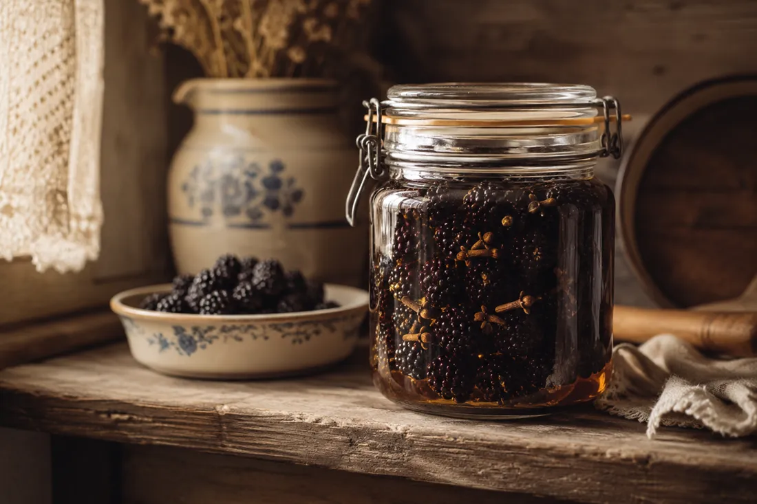 Sealed jar of whole blackberries in syrup with visible whole cloves