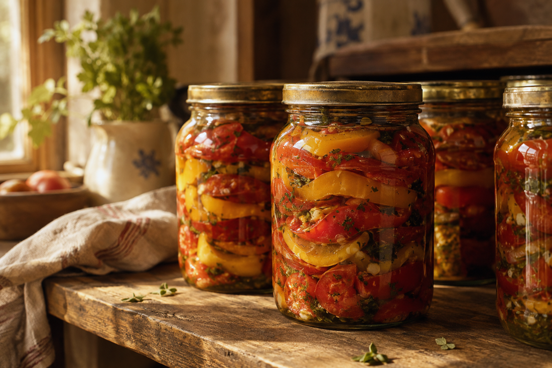 Jars of layered preserved peppers and tomatoes with celery and parsley