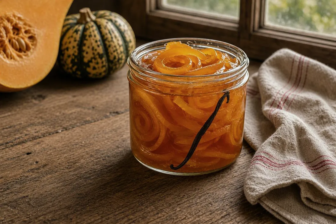 Jar of candied pumpkin spirals in thick amber vanilla syrup