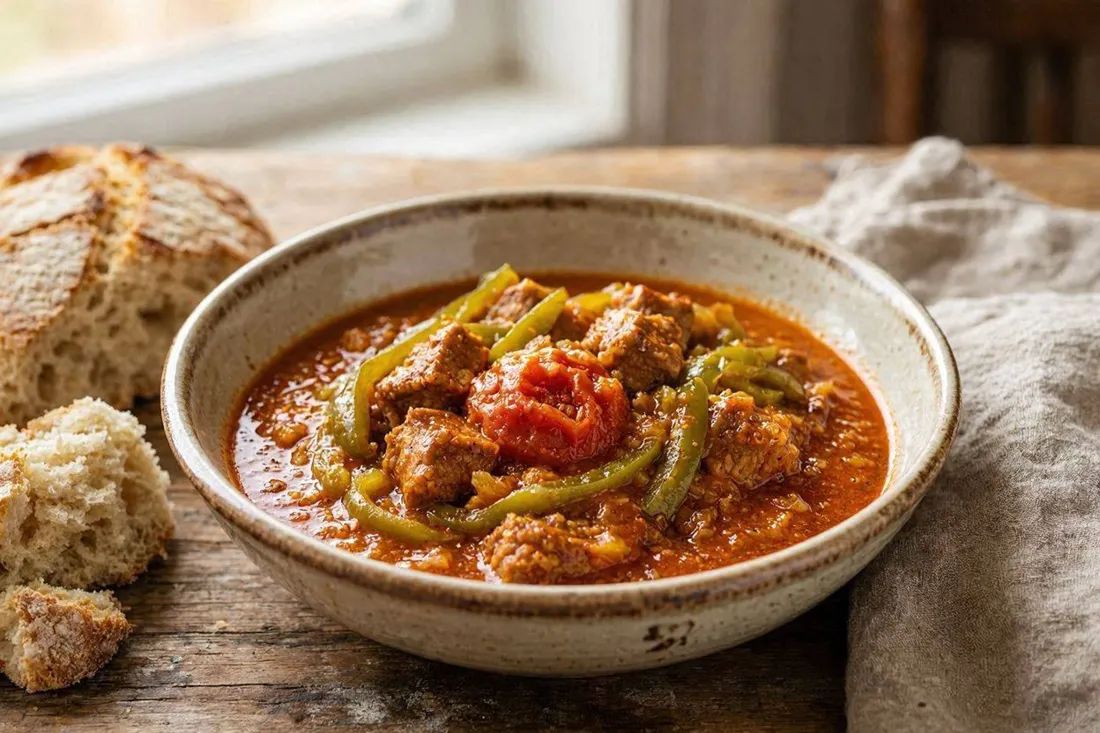 Bowl of pork paprikash with peppers and tomato, rustic table setting