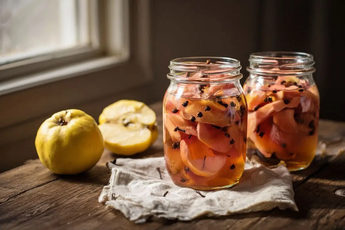 Glass jars filled with rosy-pink quince compote in golden syrup, whole cloves visible in the fruit slices, on a dark oak table.