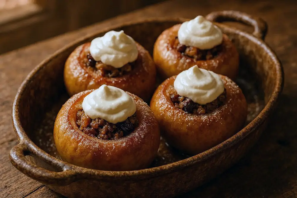 Baked stuffed quinces on a glass plate, dusted with sugar and topped with whipped sour cream