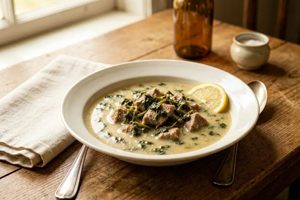 A bowl of pale, creamy ragout soup with tender veal pieces and chopped greens