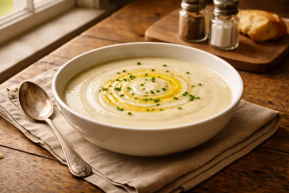 A white bowl of smooth, pale cream-coloured rice flour potage with a swirl of butter on the surface, on a linen cloth