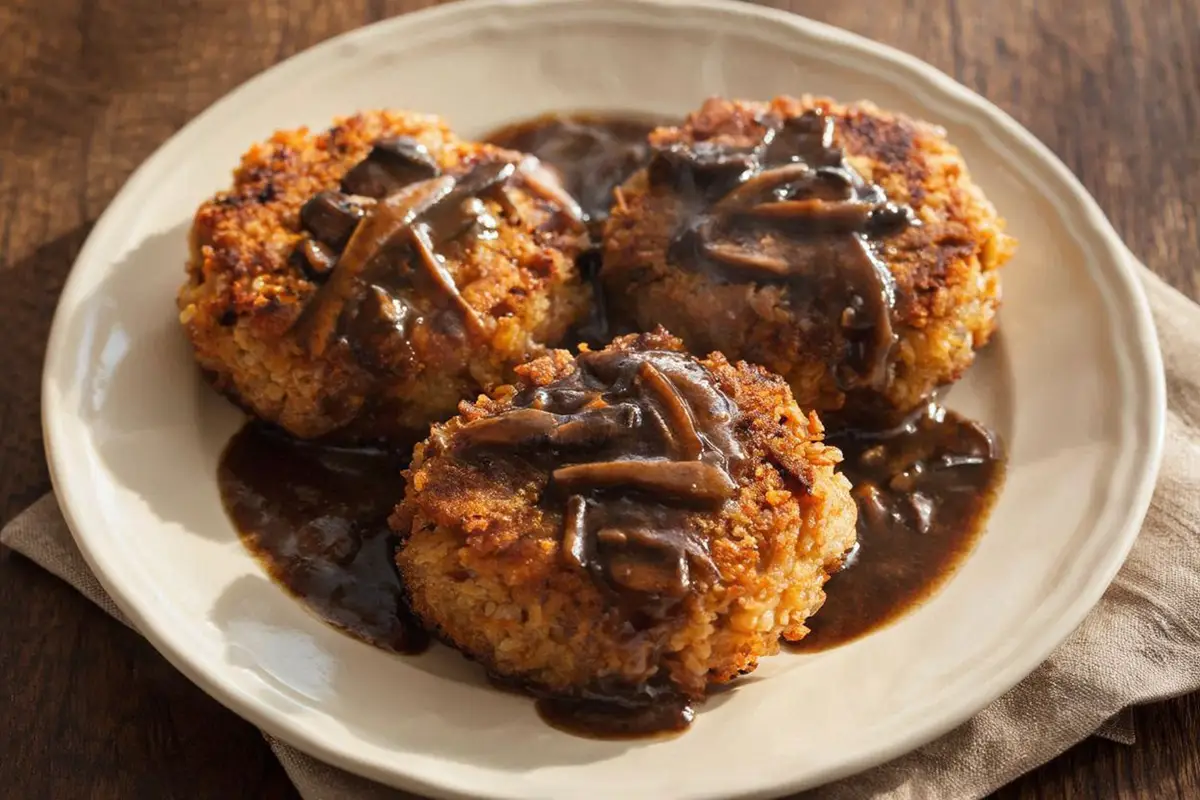 Three golden-brown crispy rice patties on a warm ceramic plate, generously covered with a dark, creamy mushroom sauce, on a dark oak table.