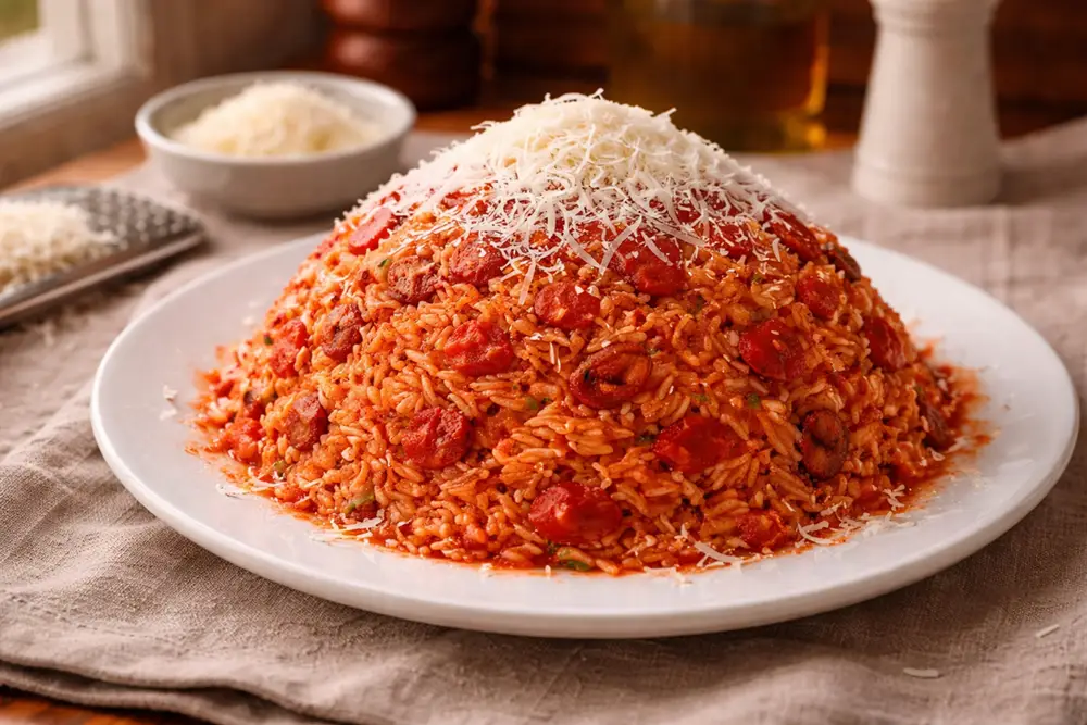 A cone-shaped mold of rice with bacon and cheese, turned out onto a round plate and topped with grated cheese