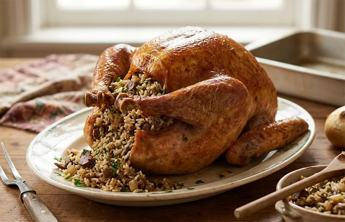 Whole roast turkey stuffed with rice, sliced to reveal the filling