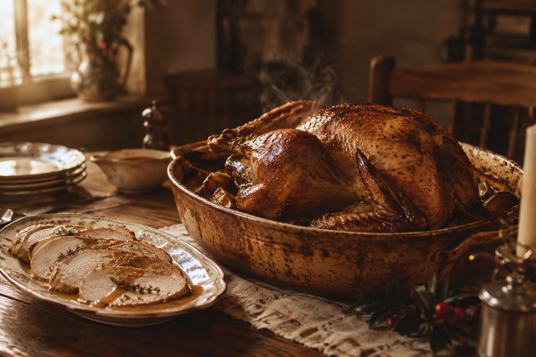 Whole roasted turkey with golden skin, sliced and topped with pan juices