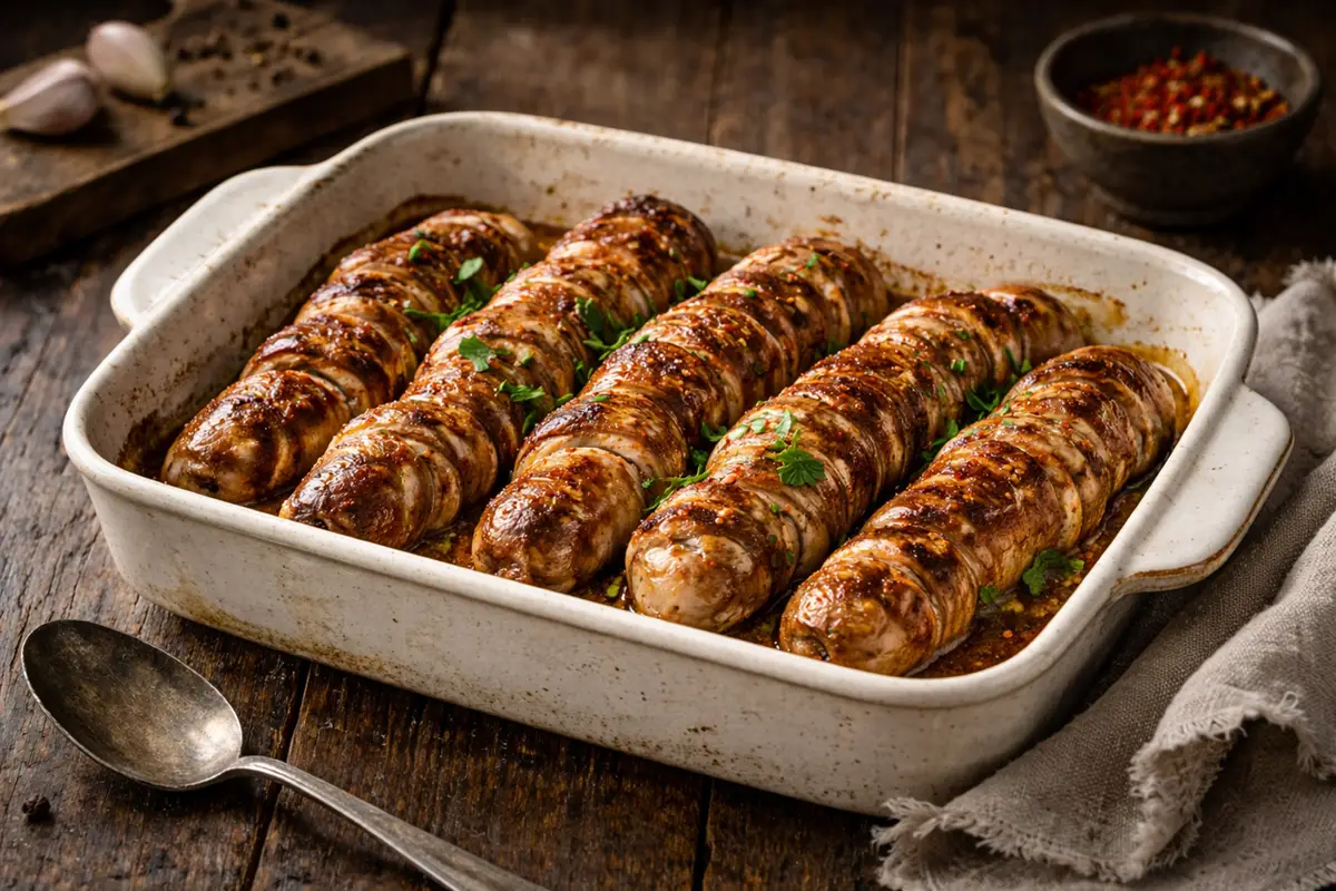 A rustic ceramic baking dish with golden-brown braided lamb intestines glistening with butter and paprika on a dark oak table.