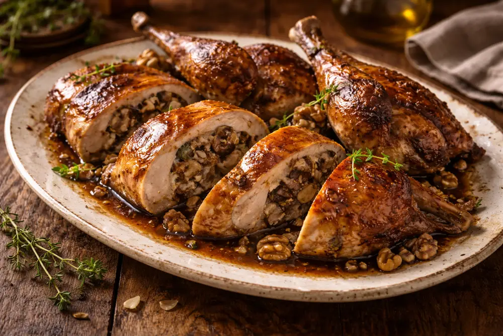 Roasted stuffed pheasant on a vintage ceramic serving platter, carved into pieces and drizzled with pan juices