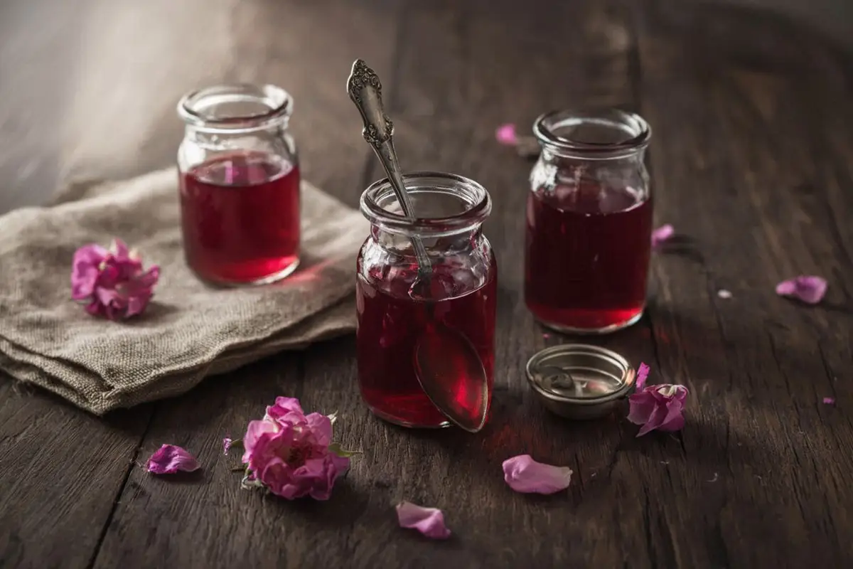 Small glass bottles of deep pink rose petal syrup on a dark oak table, fresh unsprayed rose petals scattered alongside, natural window light from left.