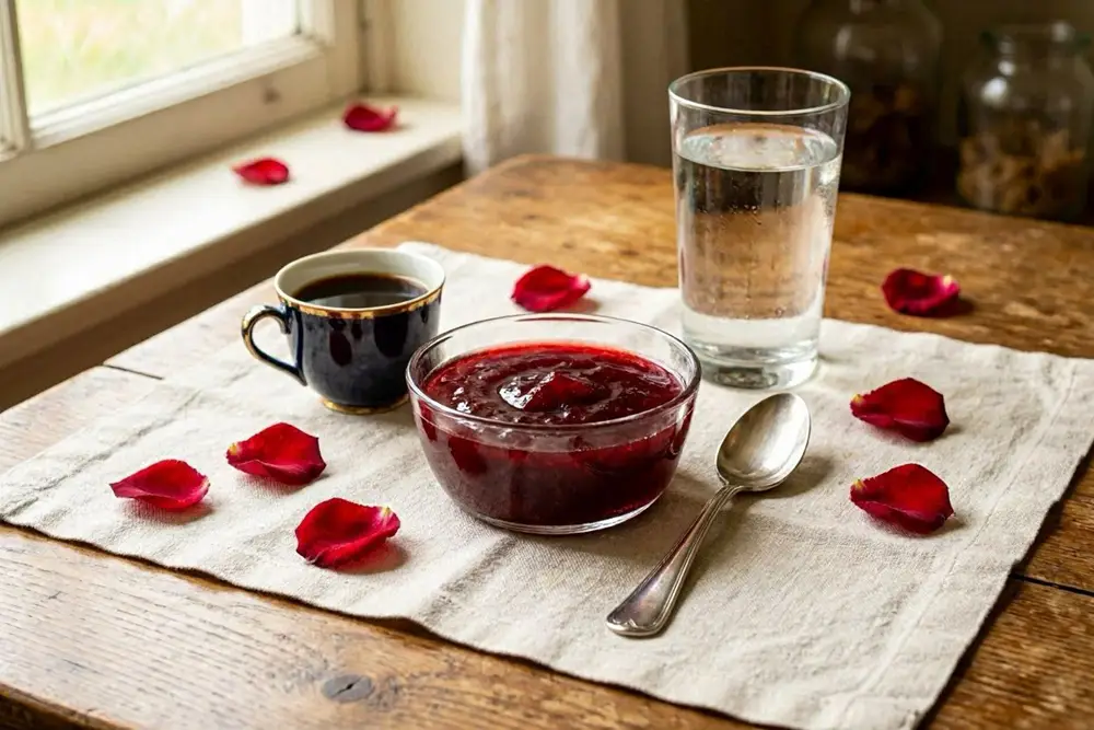 A small glass jar of deep ruby-red rose petal preserve beside a demitasse of black coffee on a linen cloth, with fresh rose petals scattered around