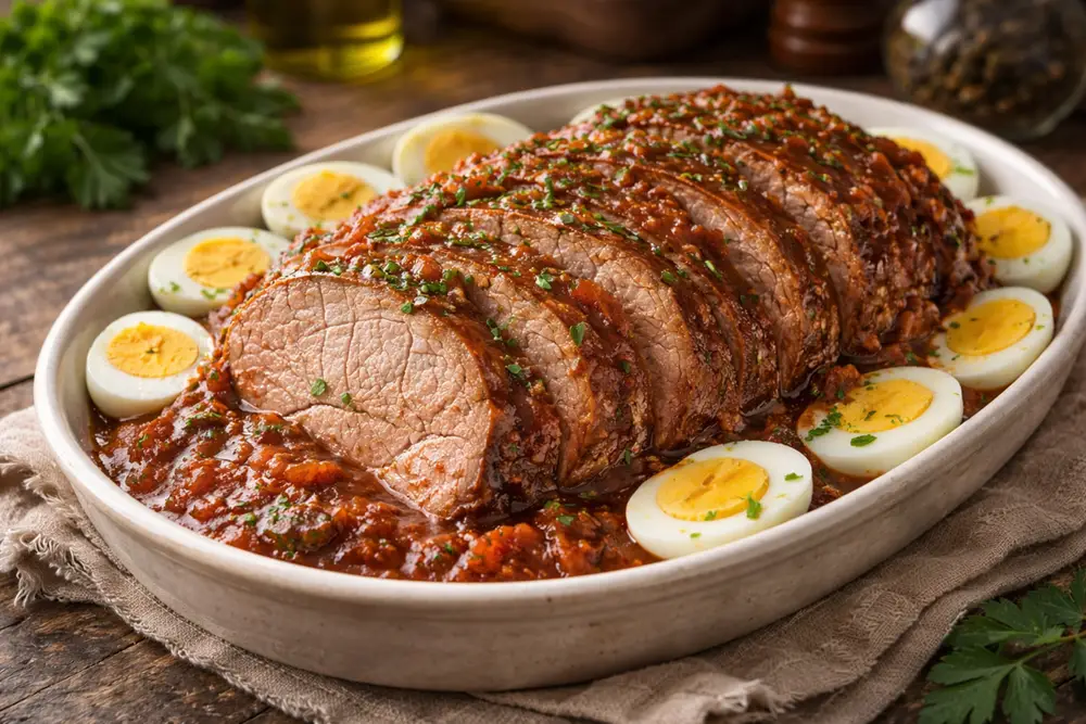 Thinly sliced pork pot roast reassembled on a baking dish, coated in rich red tomato sauce, garnished with sliced hard-boiled eggs around the edge, on a wooden table in a warm kitchen