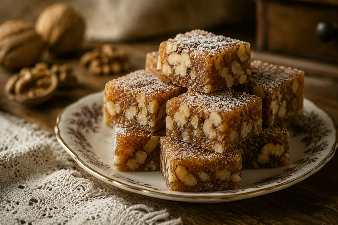 Squares of homemade walnut and orange candy stacked on a plate