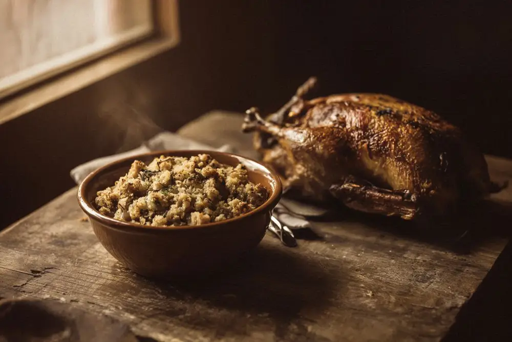 Sage and onion stuffing in a ceramic bowl beside a roasted duck