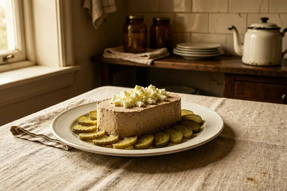 Sardine pâté shaped on an oblong plate, garnished with chopped egg white and sliced pickles
