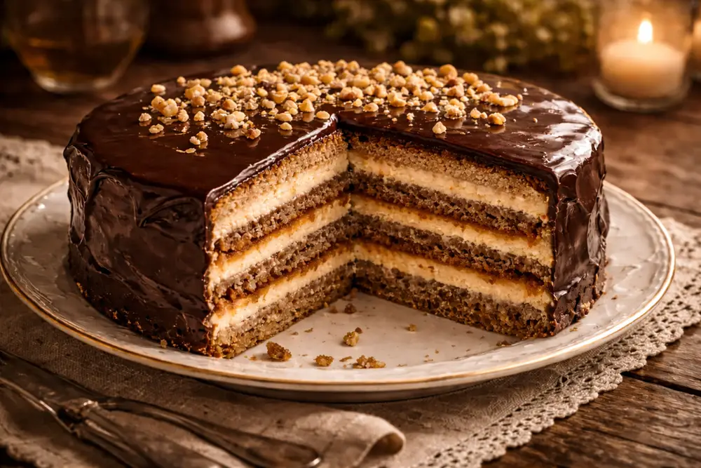 A layered Schubert's cake with chocolate glaze, sliced to show alternating almond-chocolate and walnut sponge layers